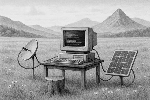 drawing of a computer sitting on a table in a field.