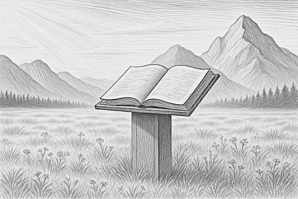 a book on a pedestal in a field