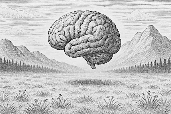 a brain hovering in a field