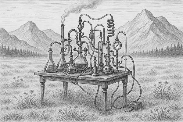 steampunk lab on a table in a field